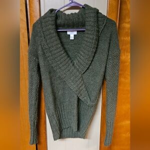 LOFT Olive Wrap-Style V-Neck Wool Blend Sweater